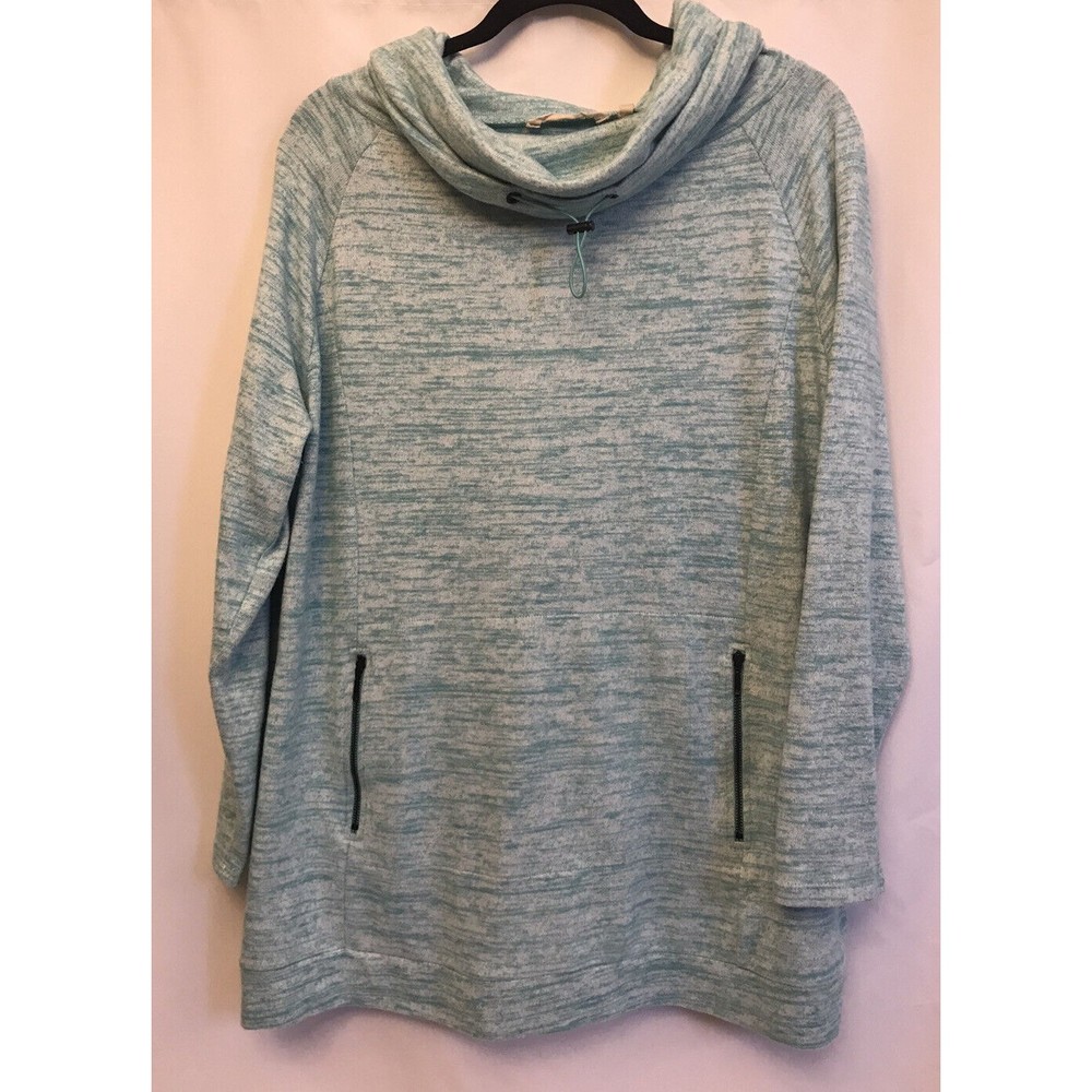 Soft Surroundings Long Sleeve Cowl Neck Pullover Tunic Sweatshirt TurquoiseWhite